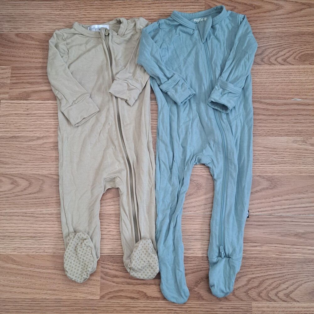 (Lot Of 2) Kyte Baby, Emily And Oliver, Bamboo 0-3 Month Onsies Footies Tan Teal